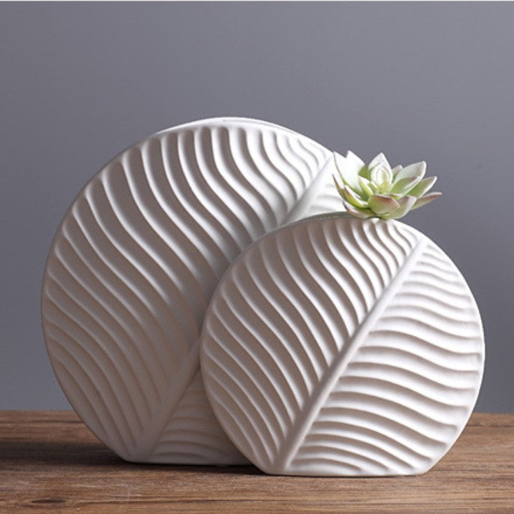 White Leaf Round Ceramic Vase