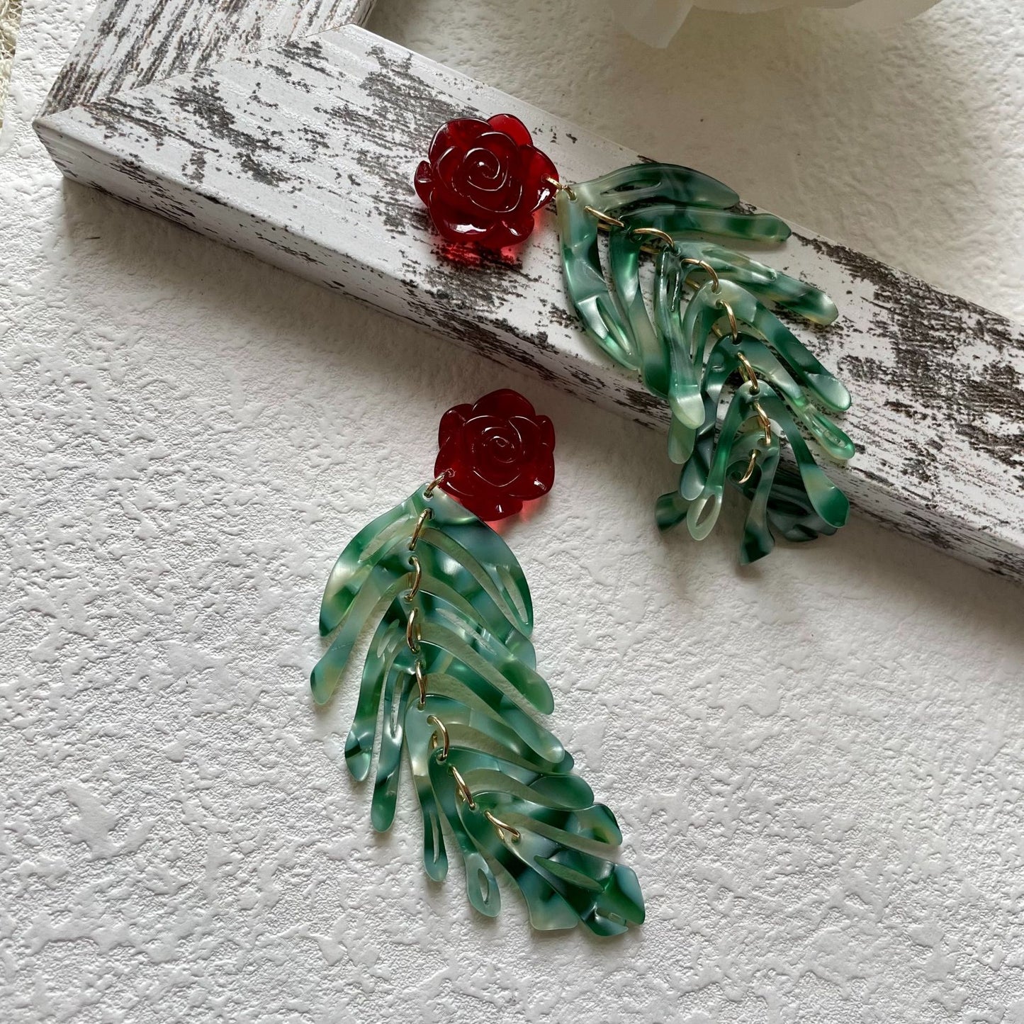 Rose Flower Green Leaf Tassel Earrings