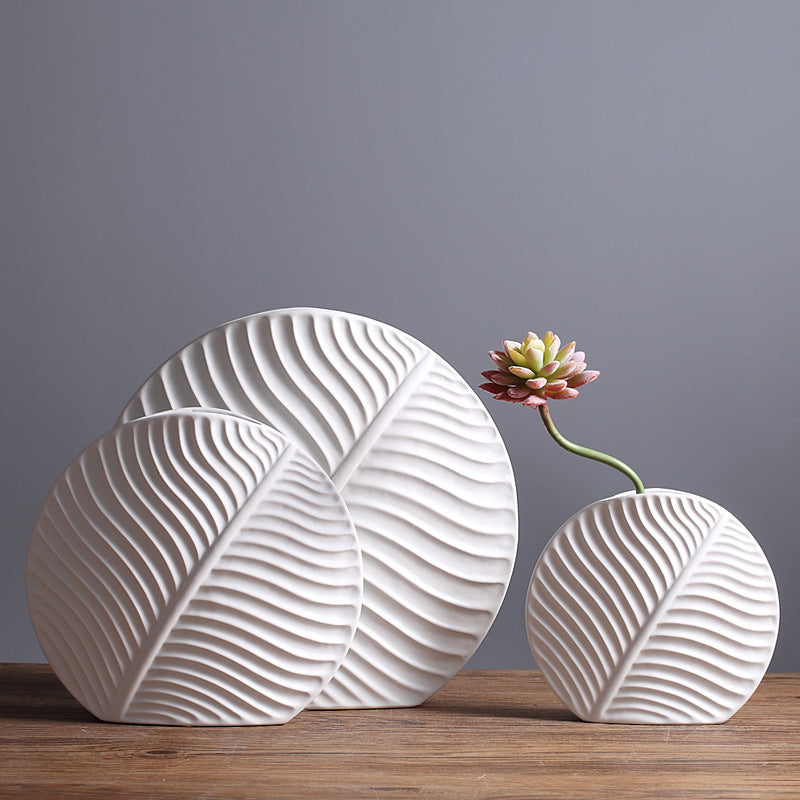 White Leaf Round Ceramic Vase