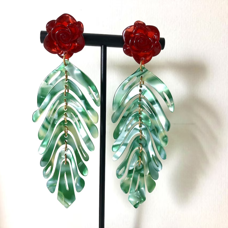 Rose Flower Green Leaf Tassel Earrings