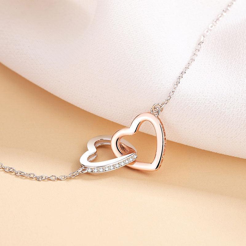 Sterling Silver Diamond Double Love Heart Necklace for Women - ozlvii