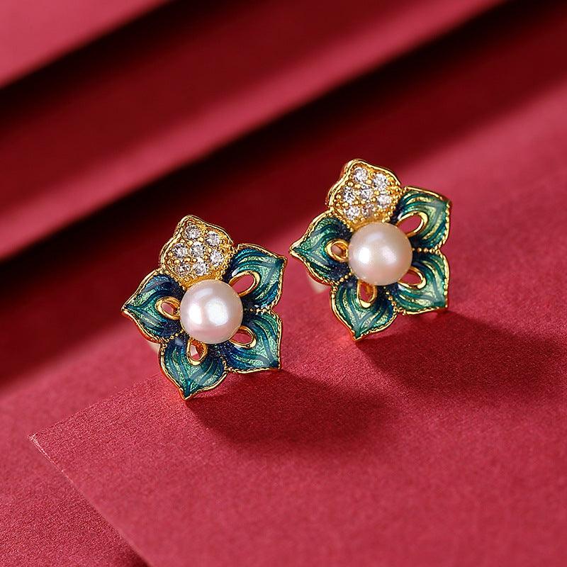 Pearls and Cloisonné Flower Earrings - ozlvii