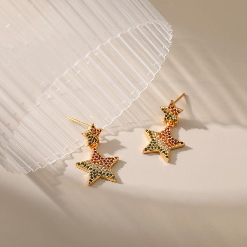 Rainbow Star Pentagram Pendant Earrings Zircon in Gold - ozlvii