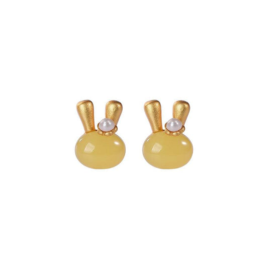 Natural Beeswax Pearl Rabbit Stud Earrings - ozlvii