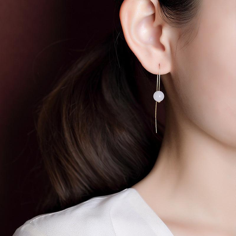 White Jade Minimalist Ear Threader Earrings - ozlvii