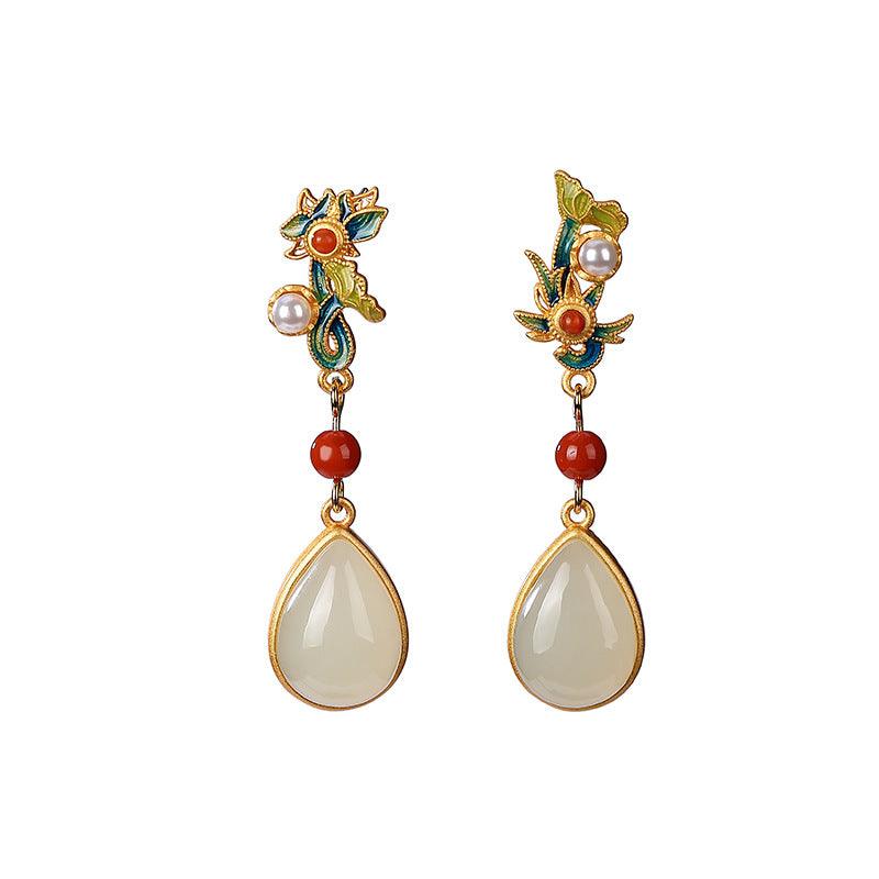 Cloisonné and Jade Lotus Drops Earrings - ozlvii