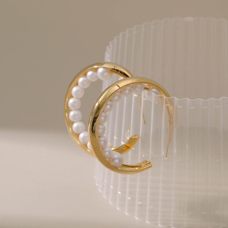 Treasure Gold Pearl Hoop Earrings - ozlvii