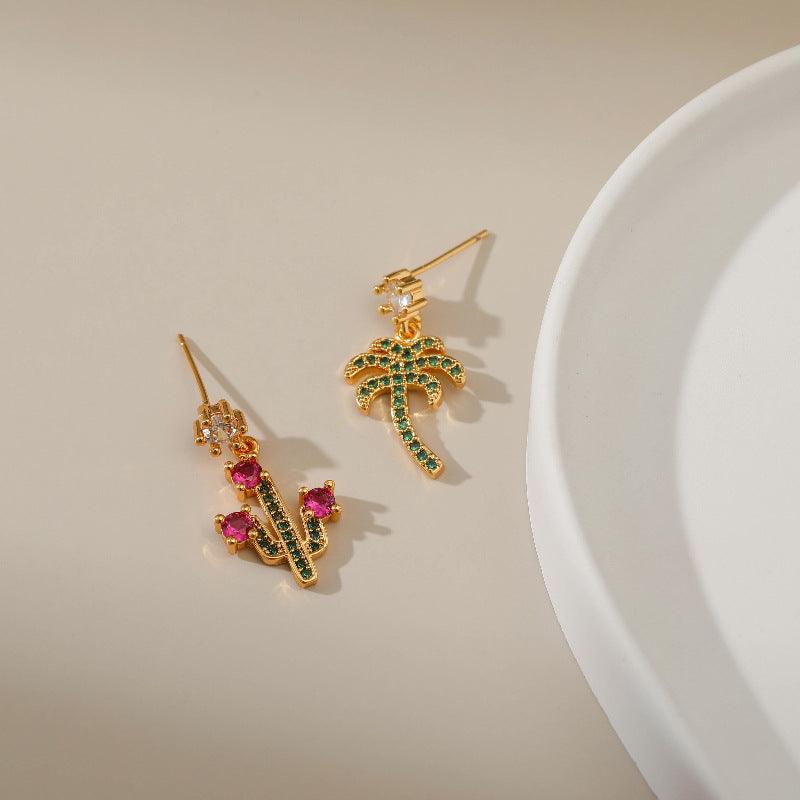 Green Cactus and Coconut Palm Tree Dangle Earring - ozlvii
