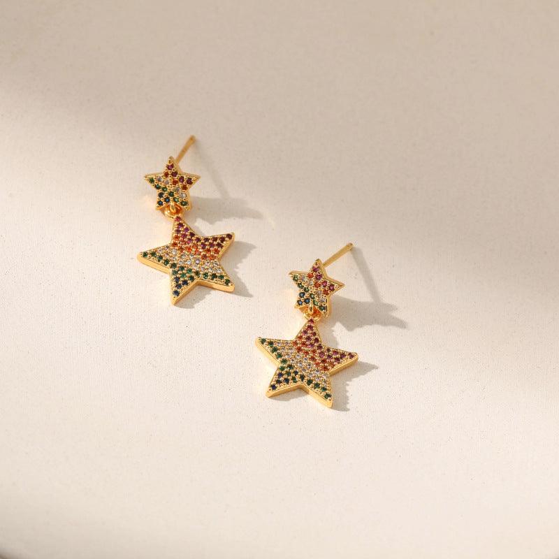 Rainbow Star Pentagram Pendant Earrings Zircon in Gold - ozlvii
